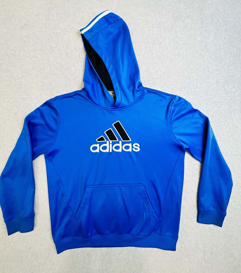 adidas Blue Graphic Logo Pullover Hoodie Kangaroo Pocket Unisex Adults Size L